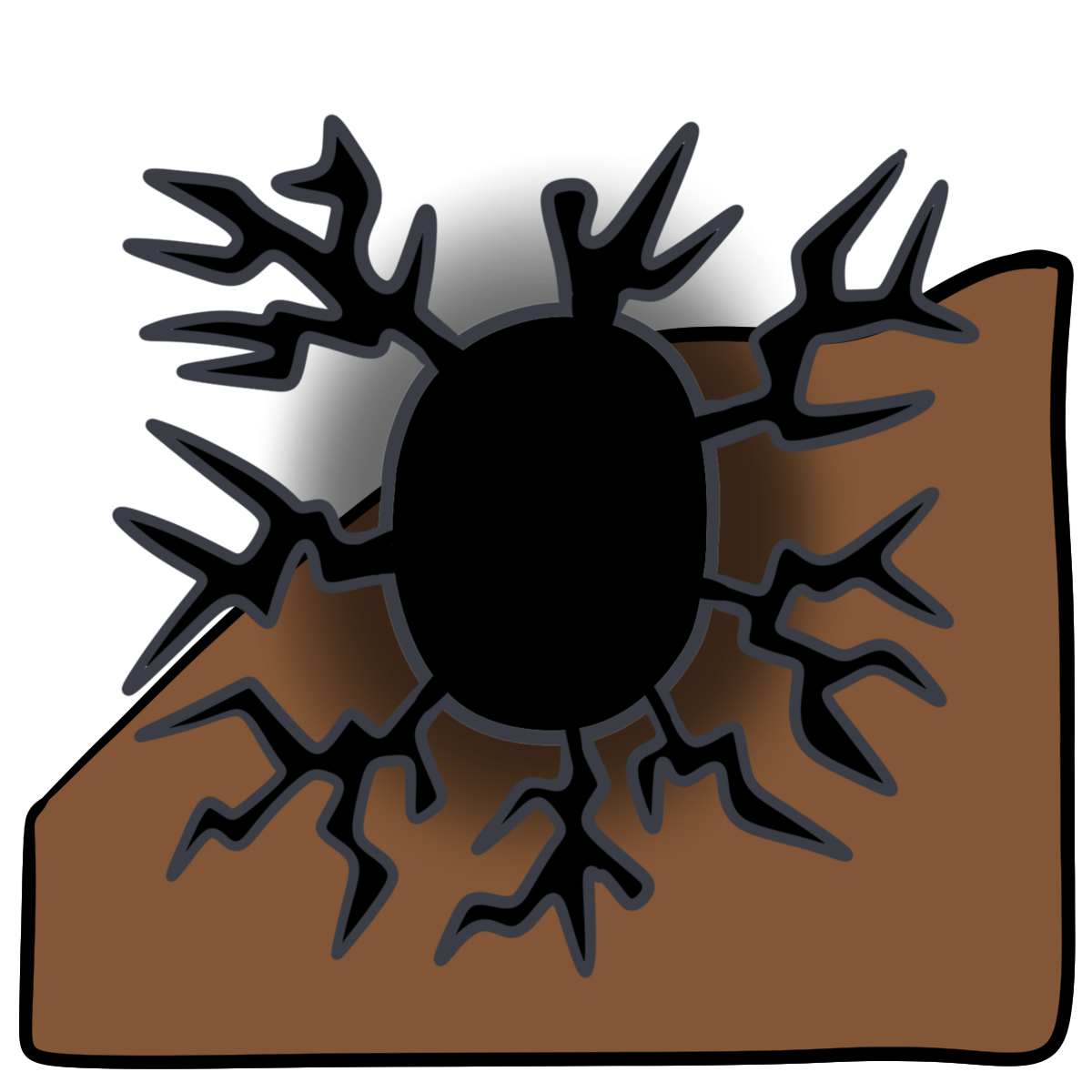 A black glowing oval with branching pointy lines coming from its sides. Curved medium brown skin fills the bottom half of the background.